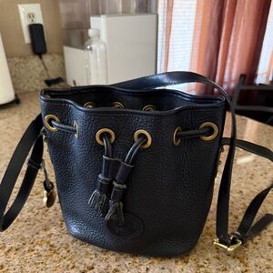 Black Leather Drawstring Bucket Bag
